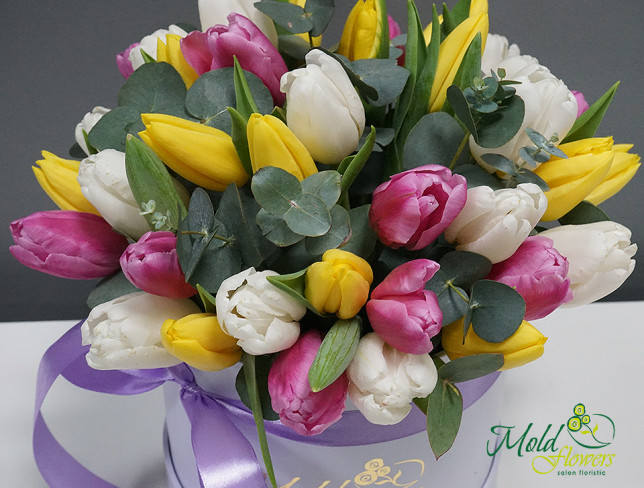 Коробка c разноцветными тюльпанами Фото